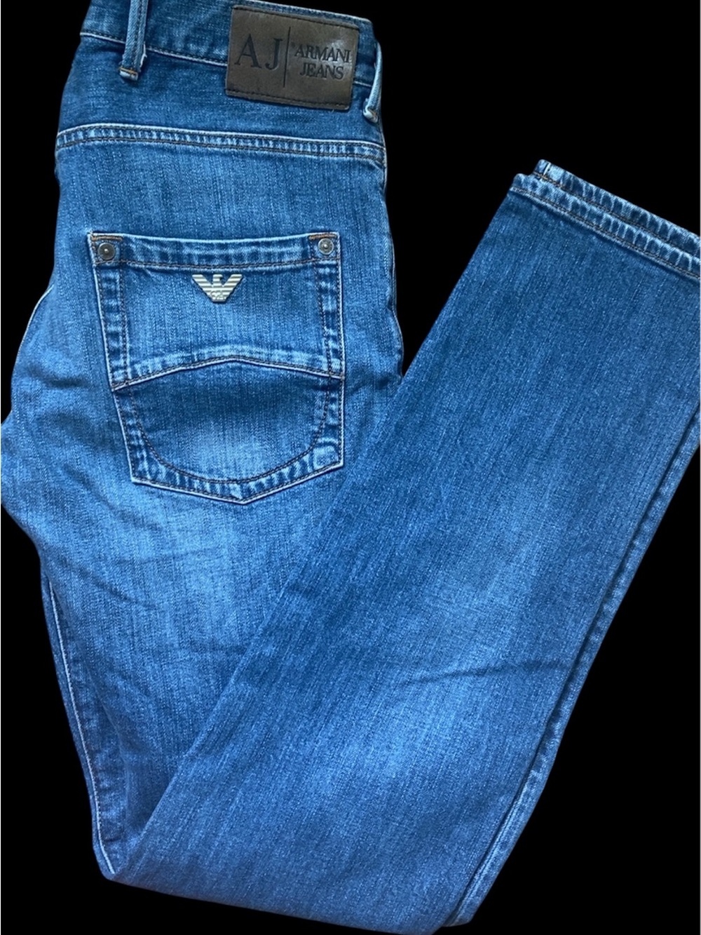 Mens Armani Buttonfly Jeans Slim Blue Denim Jeans with Logo Patch 30/34